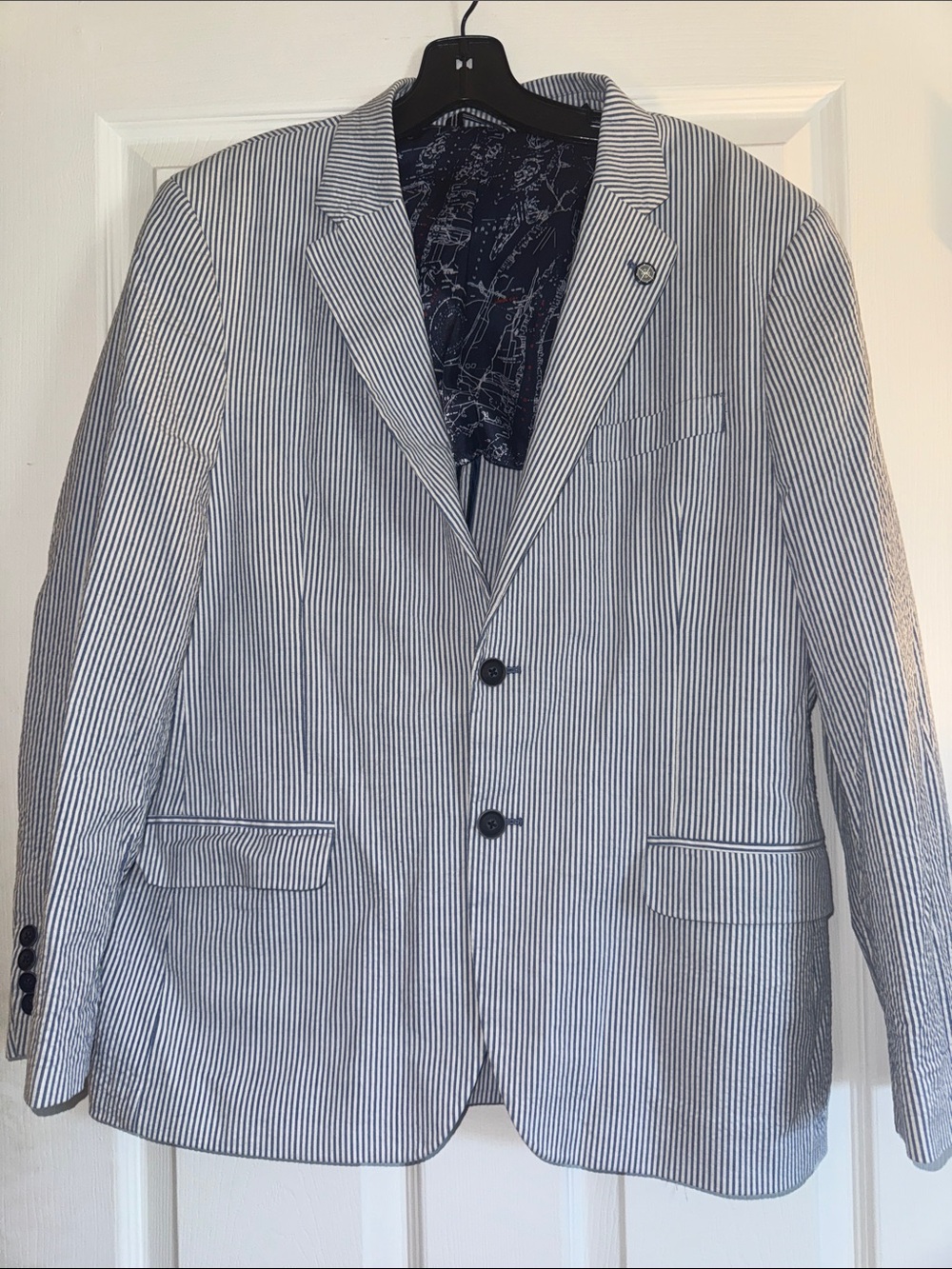 Nautica Navy and White Striped Seersucker Blazer